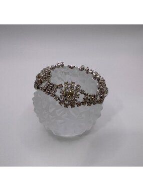 Vintage Rhinestone Bracelet Clear Crystal Floral Silver Tone 6.75” Wide